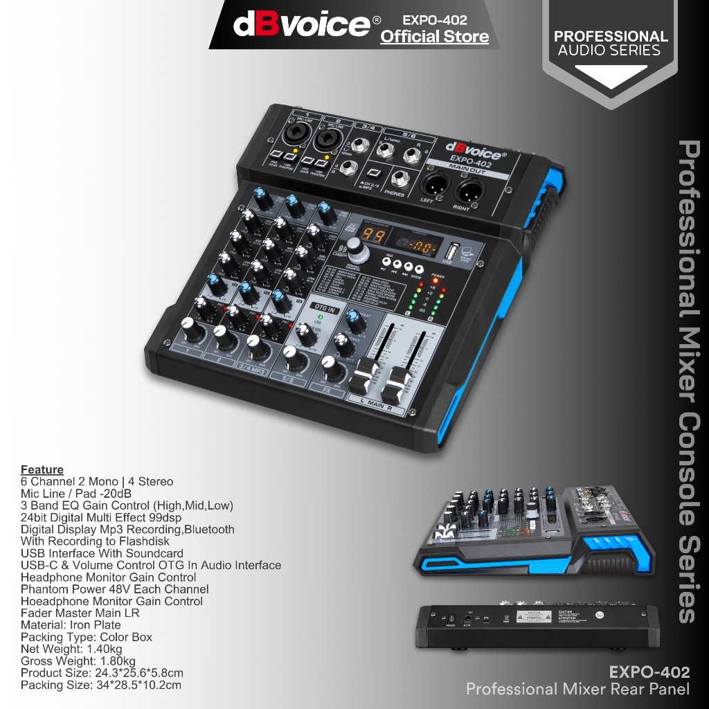 Mixer Dengan OTG USB-C with Soundcard 99Dsp Effect dBvoice EXPO 402-SERIES