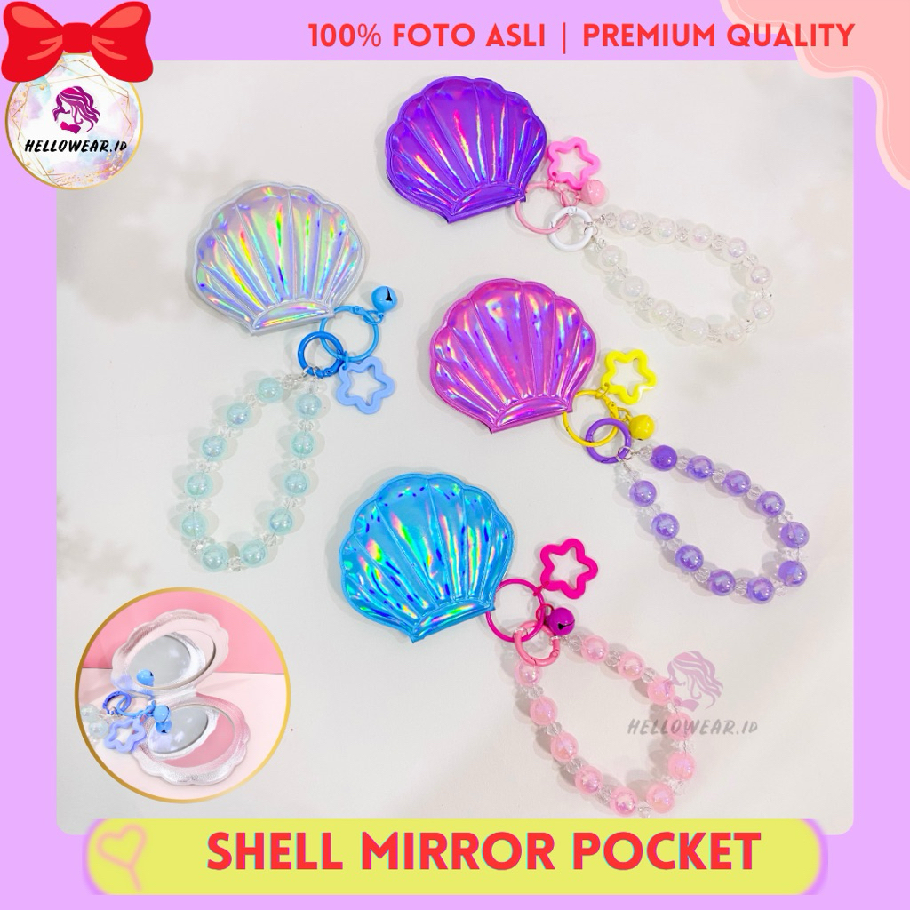 CERMIN SAKU KERANG SHELL MIRROR POCKET CERMIN SAKU ARIEL MERMAID MUTIARA CERMIN KERANG HOLOGRAM HIAS