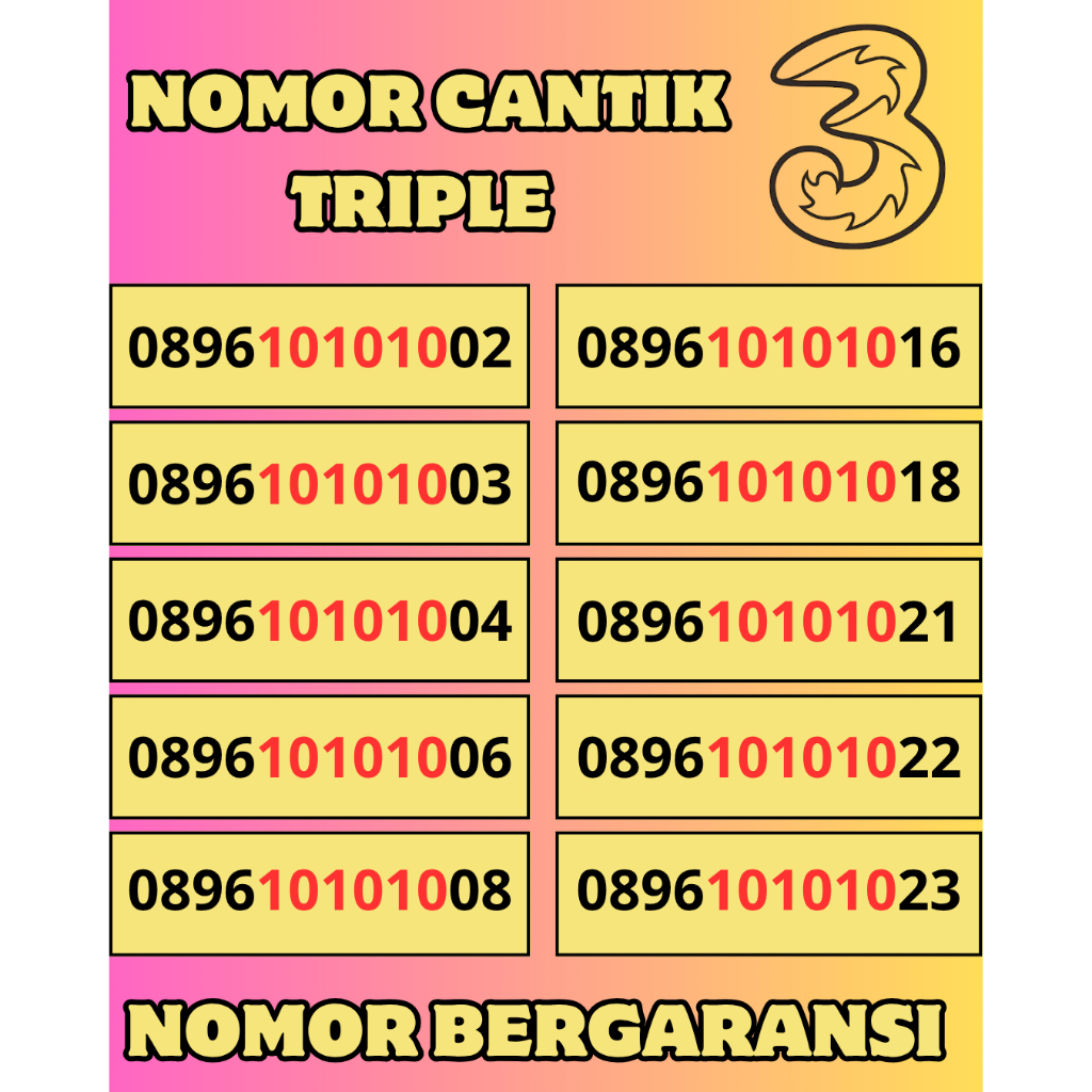 Nomor Cantik Tri Seri Triple Puluhan Terbaru Kartu Perdana Cantik