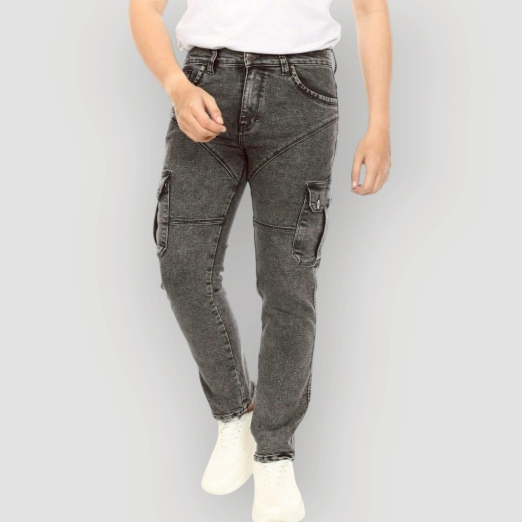 WOKER - Jeans Panjang Biker Cargo Pants Casual Denim Pria - Grey Sanwash