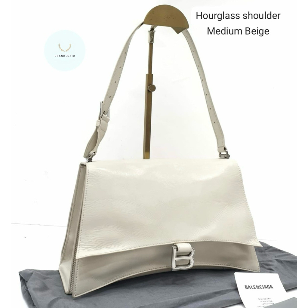 Balenciaga Small & Medium Hourglass Crush Shoulderbag leather Cream Beige SHW