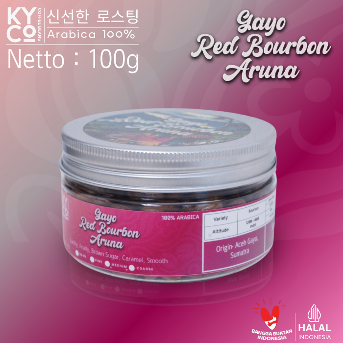 

Biji Kopi Arabika Gayo Red Bourbon Aruna 100 gram - Arabika Gayo Grade 1 | Roast Beans | Brewing | Medium Roast | Fillter | Blend Kopi | Kiyowo Coffee Roastery