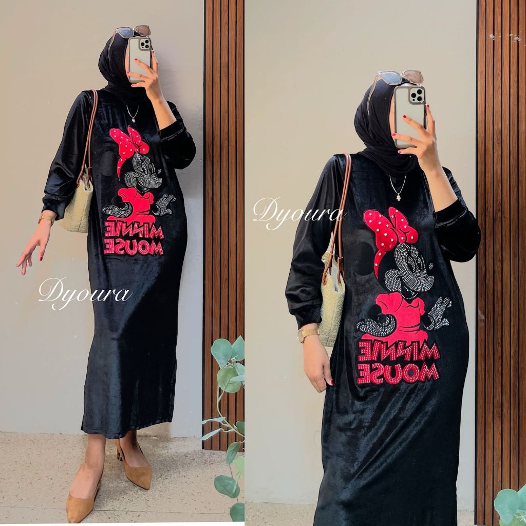 Dress MIcky Dress bludru premium Ori BKK / gamis bludru payet printing