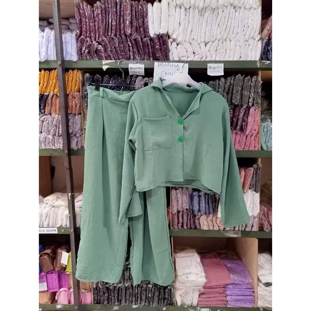 Setelan Wanita Neda OneSet Crincle Premium Kemeja Crop Top blouse korea style blouse kekinian crincl