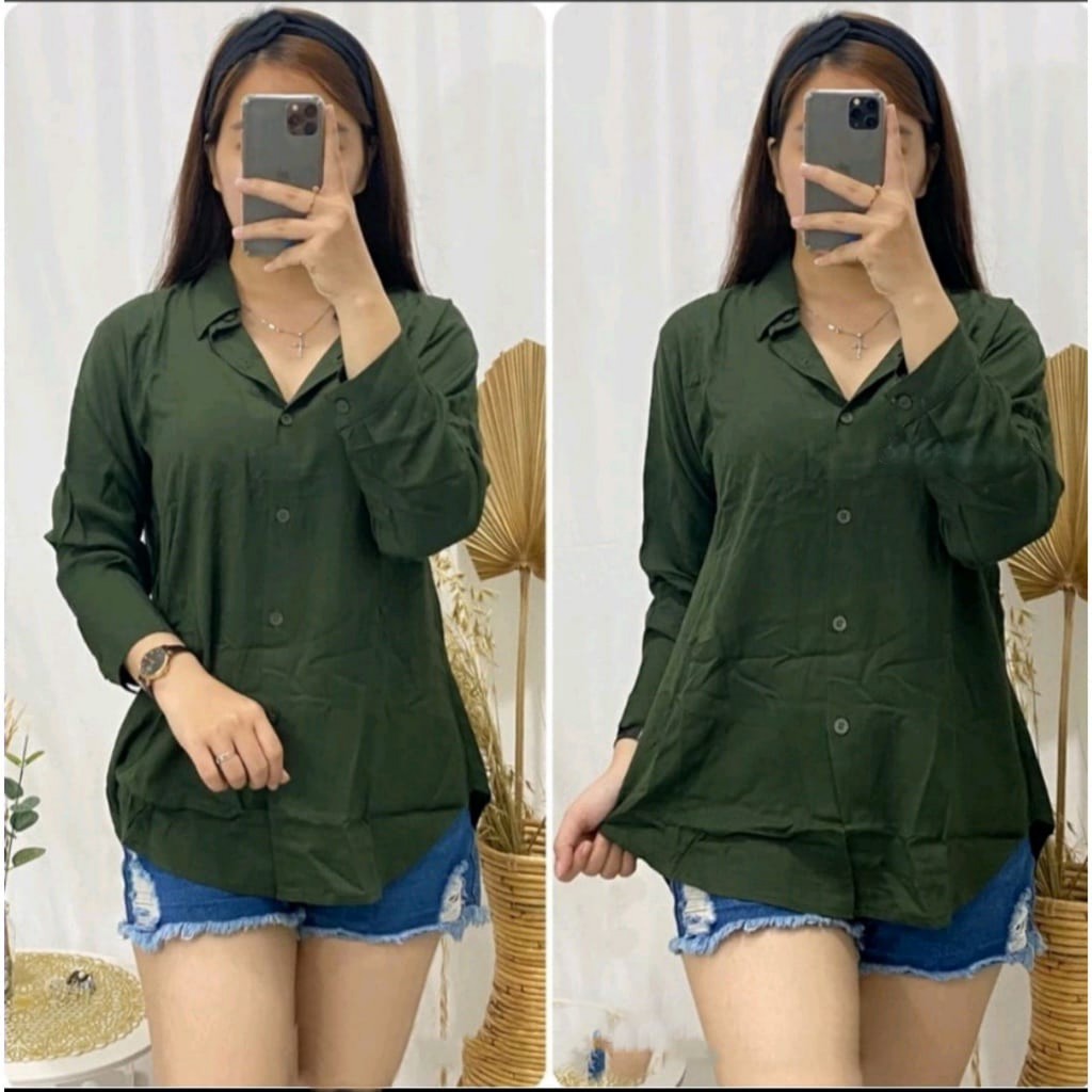 Baju Atasan Wanita Hijau Botol Polos Bahan Crinkle Airflow Lembut Nyaman Dipakai