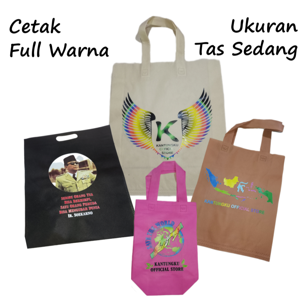 

Tas spunbond / goodie bag custom sablon DTF full warna ukuran sedang