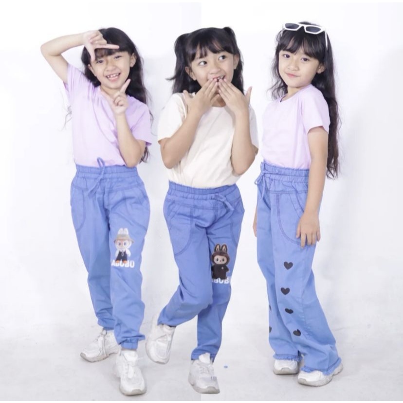 Celana Anak Perempuan Kulot Denim Bahan Jeans Washed Warna Snow Blue Model Terbaru 2024 Untuk Umur 2
