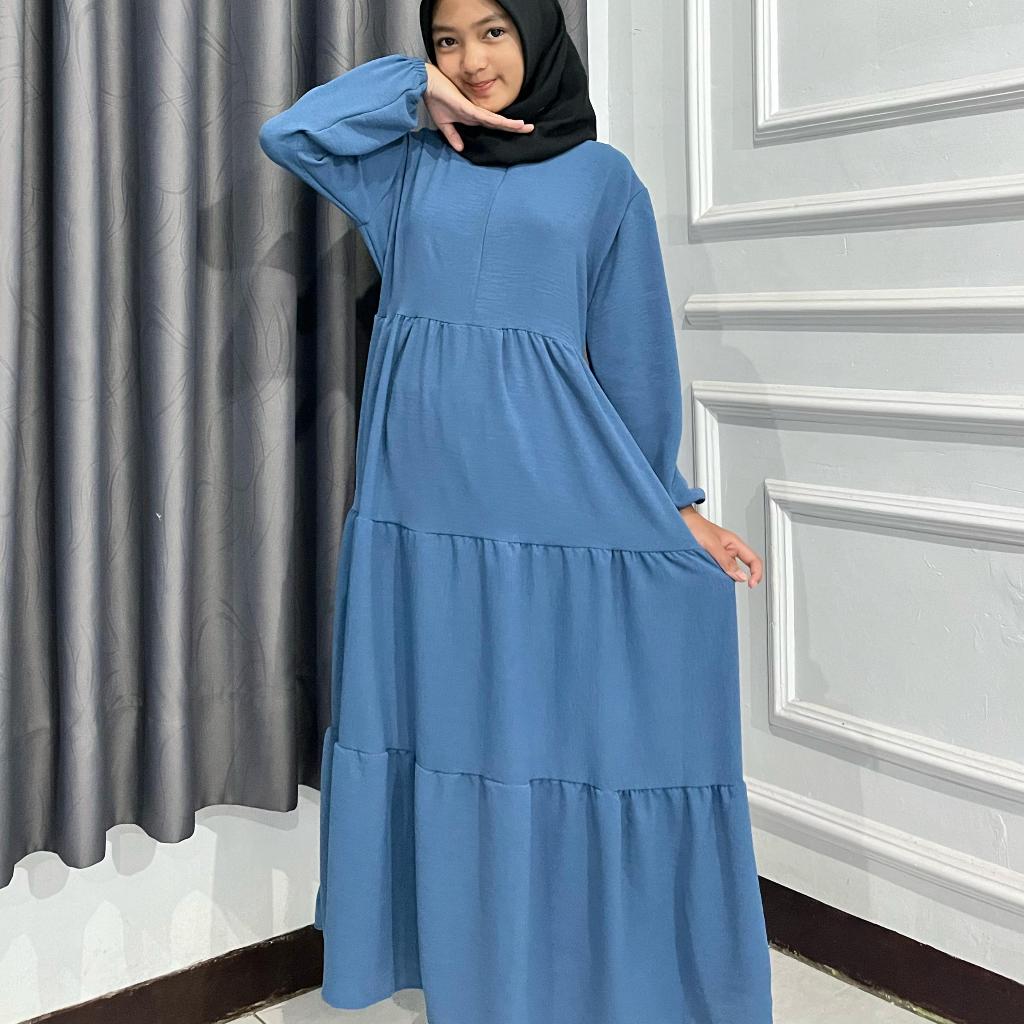 Gamis Anak Rempel Susun Tali Gamis Anak Umur 3-11 Tahun Gamis Anak Terlaris Warna Denim