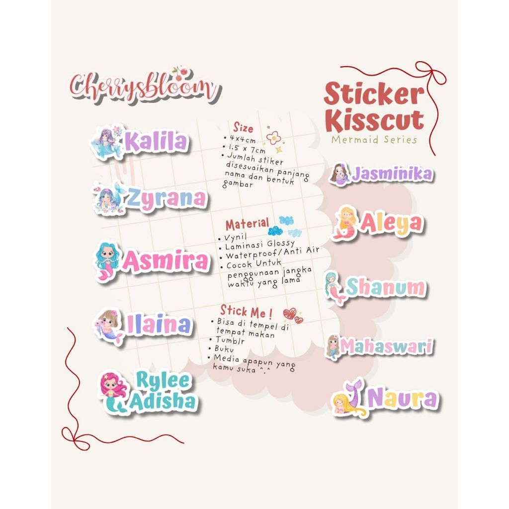 

Stiker Kiss Cut Mermaid Label Nama Waterproof Tahan Air