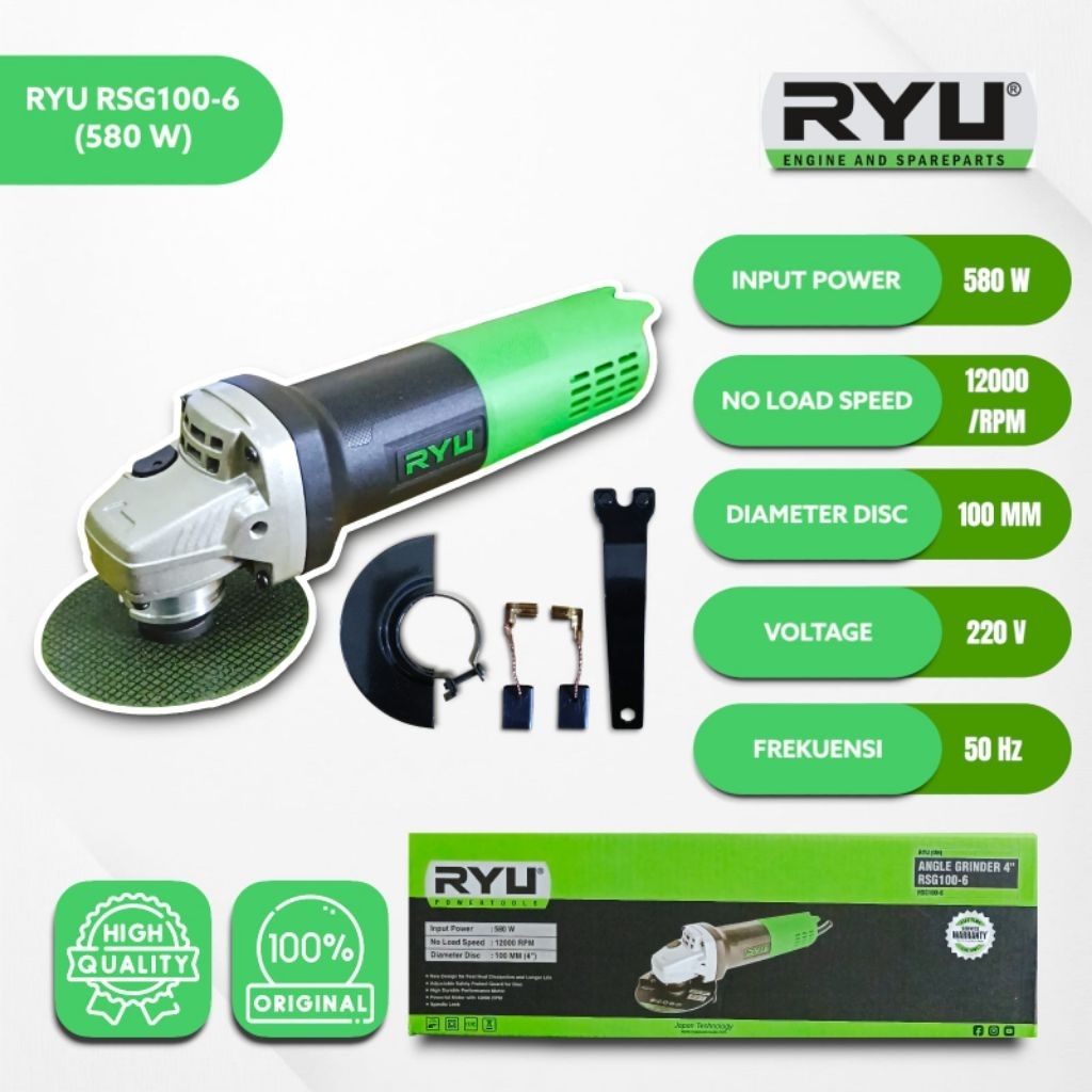 Mesin Gerinda Tangan 4"inch RYU 580 Watt Gerinda Listrik RYU / Angle Grinder RYU RSG 100-6
