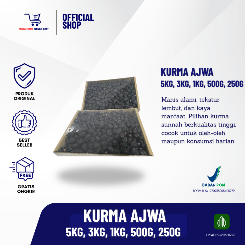

KURMA AJWA PREMIUM UKURAN 250GR, 500GR,1KG, 3KG, 5KG/KURMA NABI/OLEH-OLEH HAJI DAN UMROH