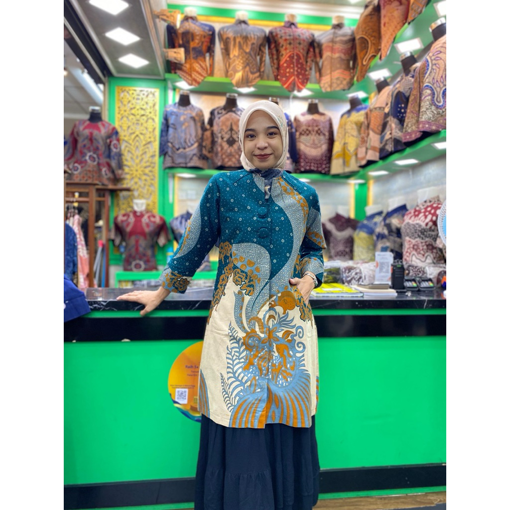 Tunik Batik Wanita Motif ARJUNA HIJAU Katun Halis Lapis Trikot By BATIK RAMA