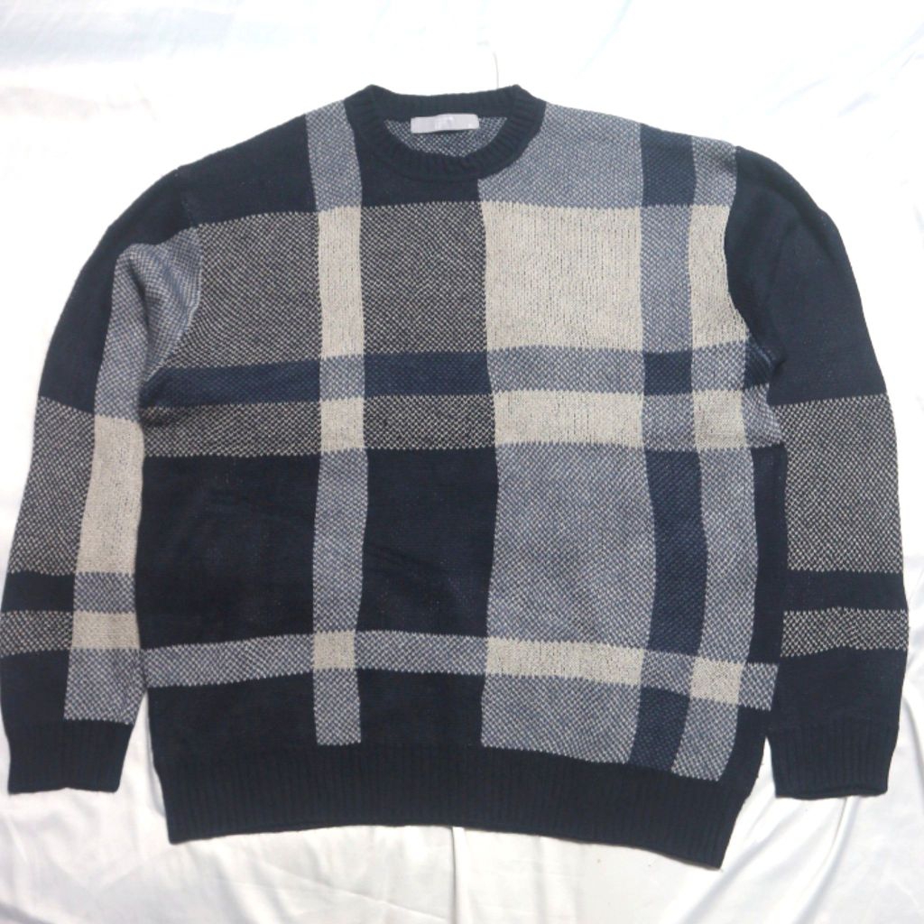 EIGHT SECONDS 8SECONDS Navy Tartan Oversized Knitwear Sweater Sweatshirt Crewneck Rajut Wool Jaket a