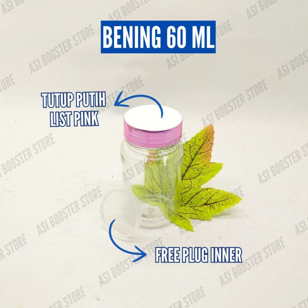 Botol Kapsul/Obat 60ML Bening Tutup Putih Lis Pink + inner