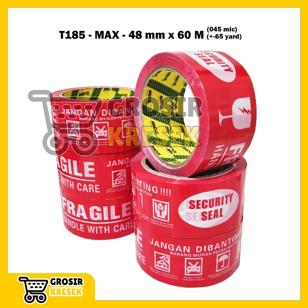 

[6 Pcs] T185 Lakban FRAGILE Handle with Care Merah MAX 48mm 60 meter (65 yard) (045mic - core green) Grosir Isolasi