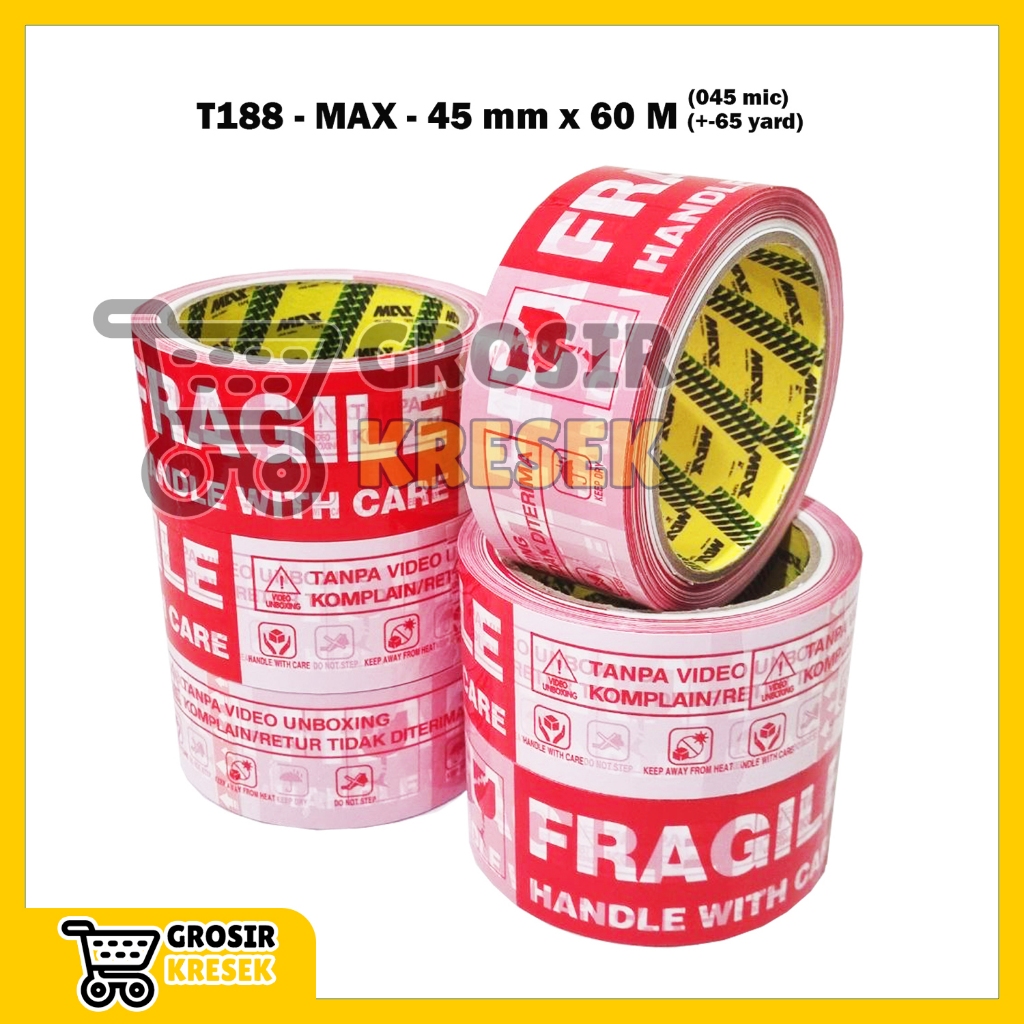 

[36 Pcs] T188 Lakban Fragile Unboxing Plester Merah Putih MAX 45mm 60m (65 yard) (045 micron - core green)