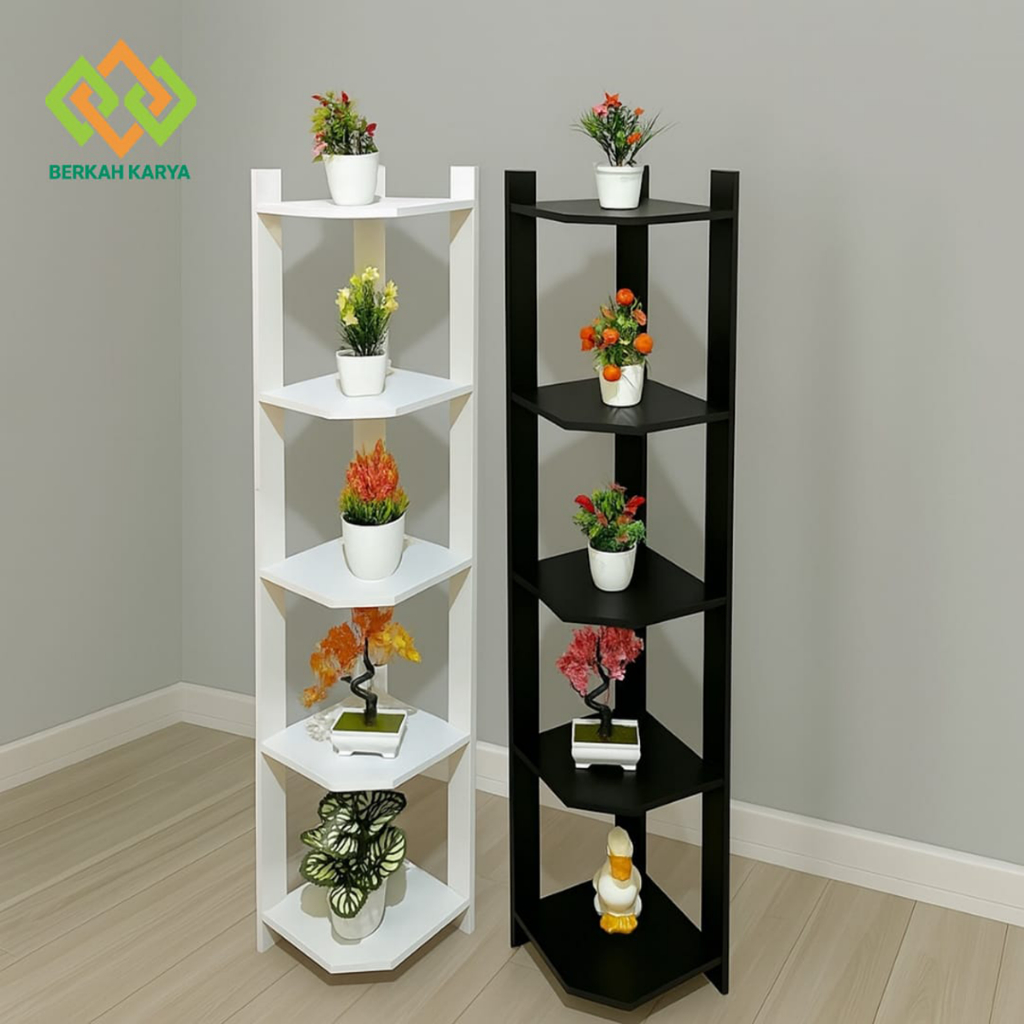 Rak Bunga Sudut 120cm – Rak Hiasan Pojok Lantai 5 Susun Minimalis Estetik | Rak Pot & Bonsai Kayu