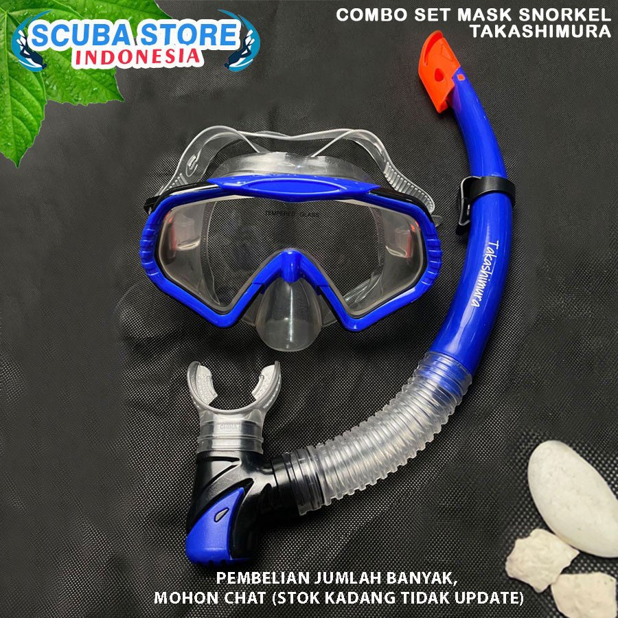 Paket Combo Set Snorkeling Mask Takashimura Snorkel Semi Dry Masker Low Volume Scuba Diving Snorklin