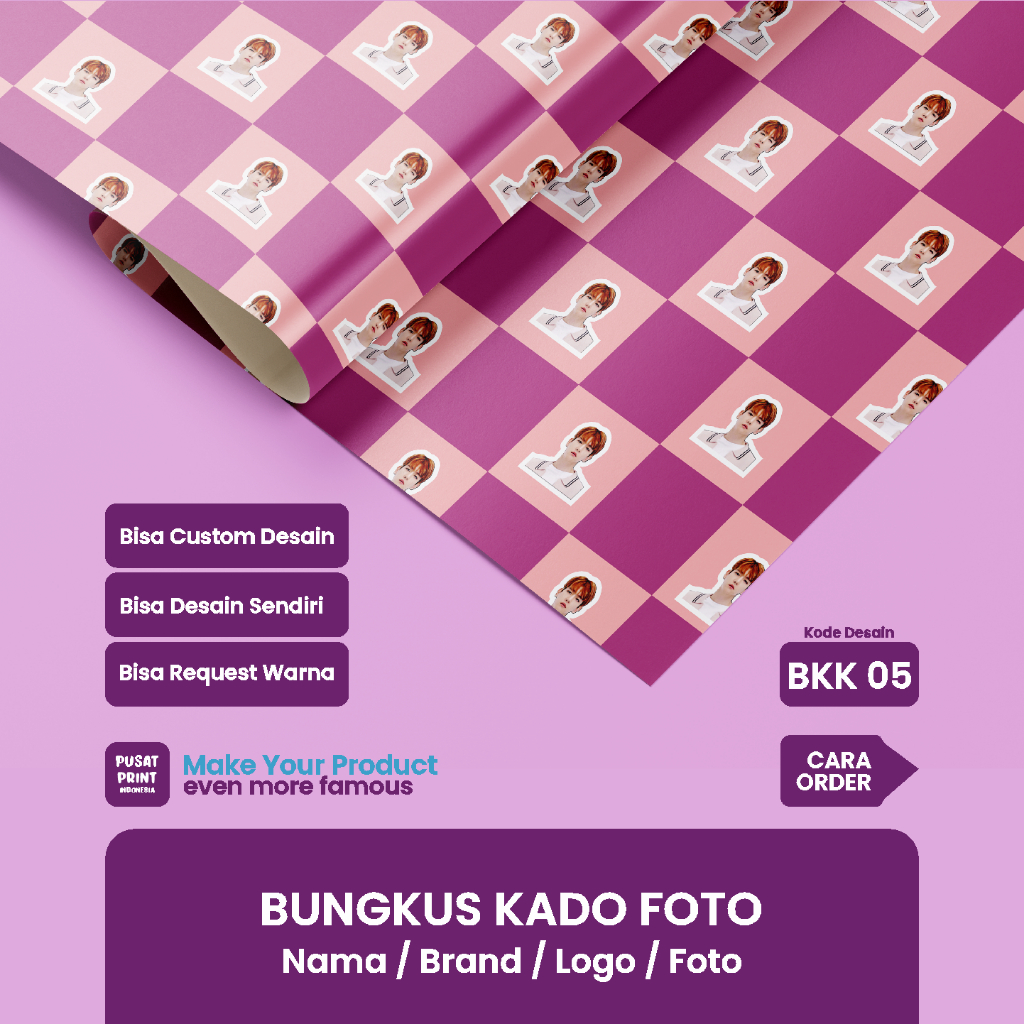 

Pusat Print Bungkus Kado Pake Foto Custom, Kertdas Kado Nama, logo, Foto BKK 05