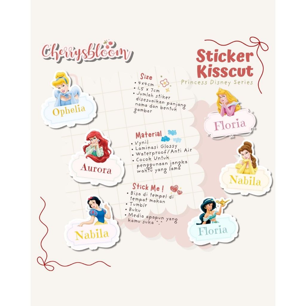 

Stiker Kiss Cut DISNEY PRINCESS Label Nama Waterproof Tahan Air