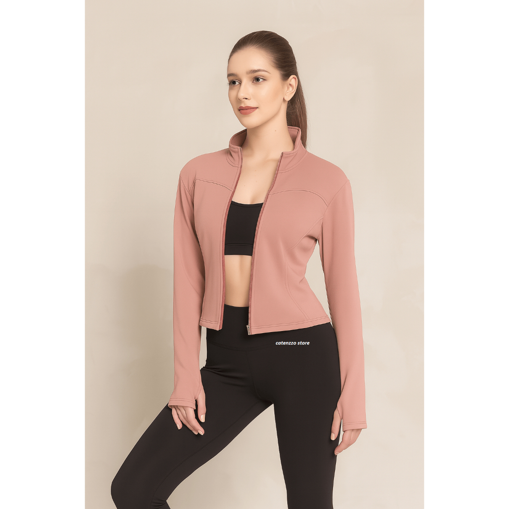 Jaket fitnes gym wanita Polos Lengan Panjang cepat kering dengan resleting yoga lari Anti UV