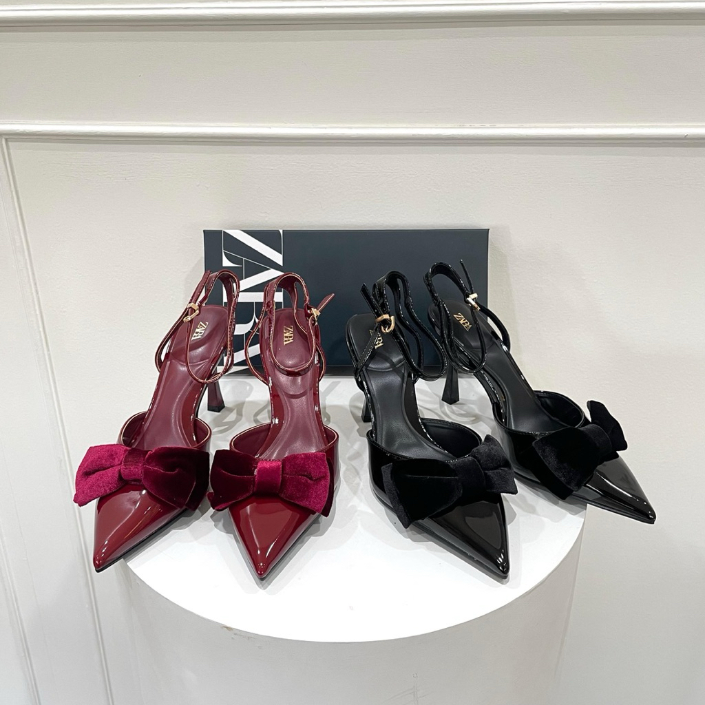 Ribbon glossy high heels 9.5cm ankle stripe by Zara high quality fashion shoes sepatu wanita hak tin