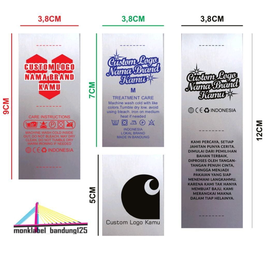 

label baju tag wash custom brand sendiri bahan satin putih lebar 3,8cm minimal pemesanan 500pcs