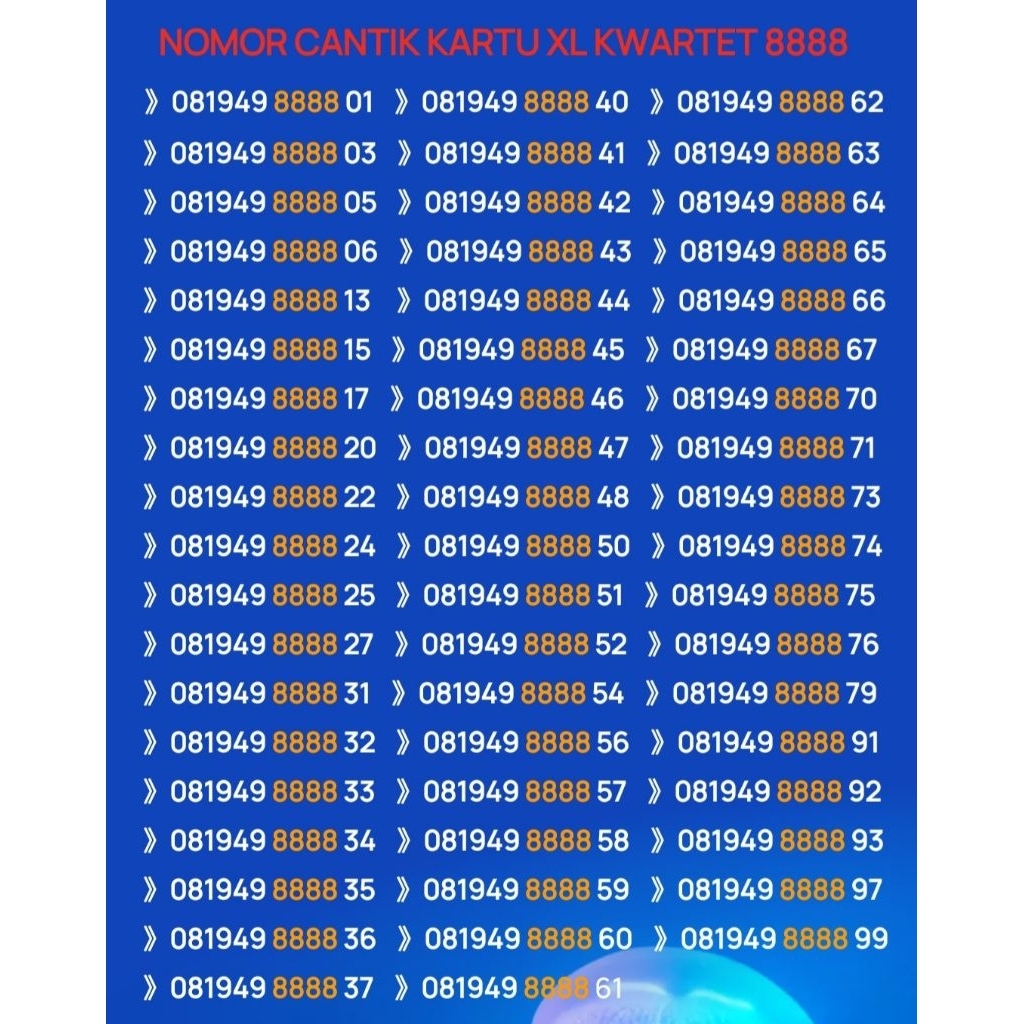 Nomer Cantik KARTU XL KWARTET 8888