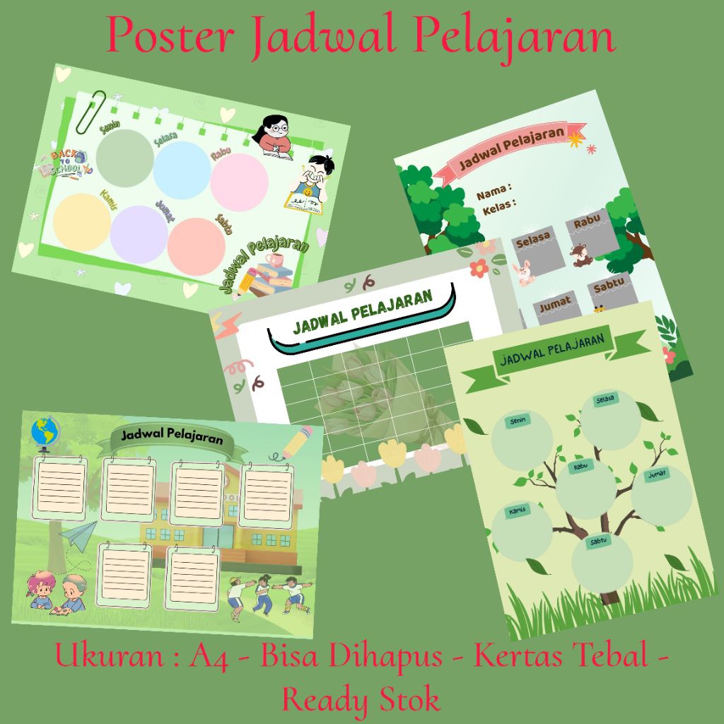 

*GRAFIS_IKA* Poster Jadwal Pelajaran - Hijau - WipeClean - Bahan Kertas Tebal - Ukuran A4 - bisa Custom - Termurah