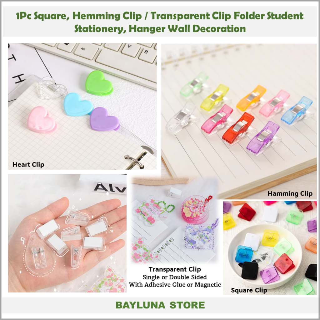 

Bayluna 1Pc Square, Heart, Hemming Clip / Transparent Clip with Adhesive Glue or Magnetic, Folder Note Holder Corner Holder Student Stationery For Book Storage Test Paper Hamming Clip