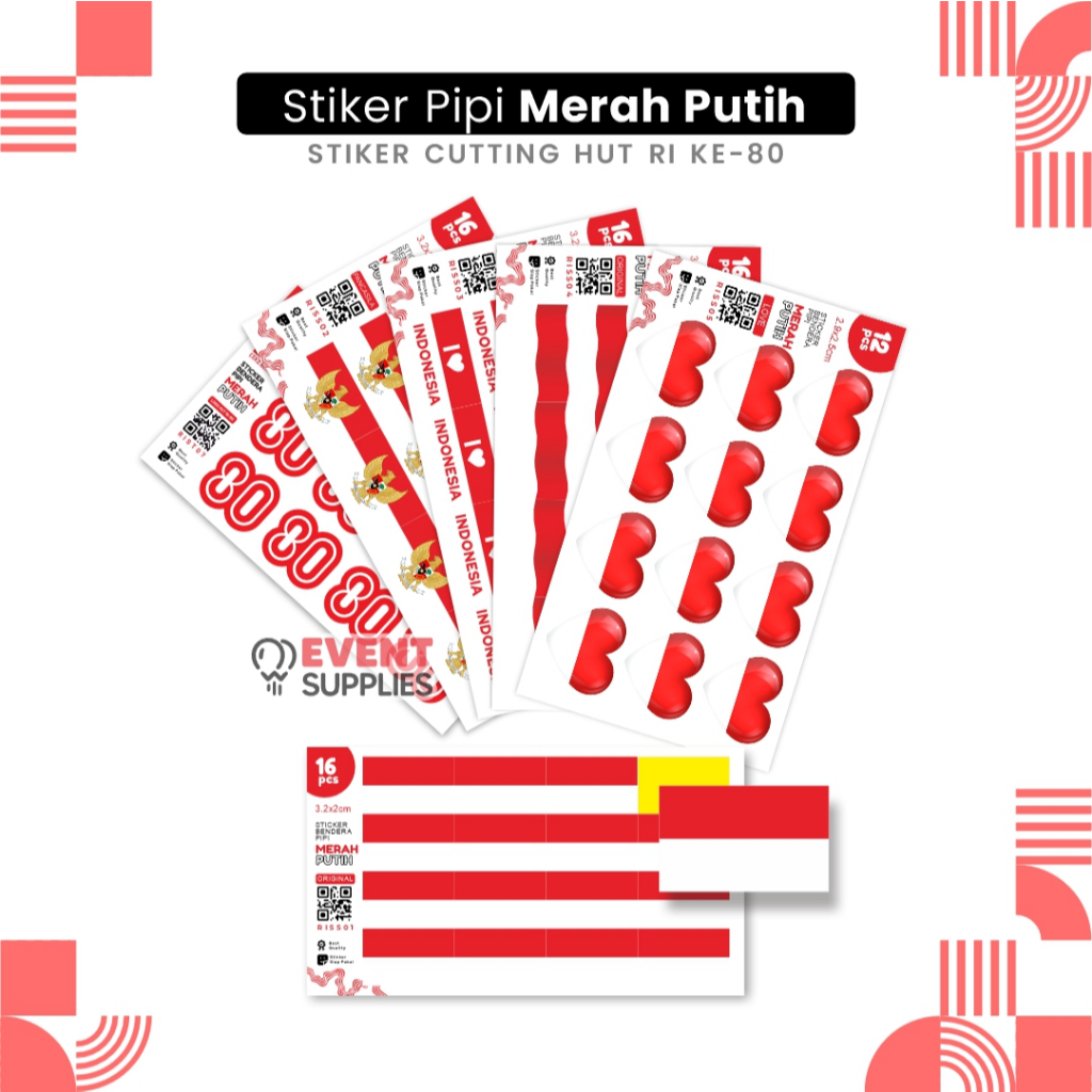 

[Paket Lengkap] Sticker Pipi Kecil Merah Putih Kecil / Stiker Bendera Dirgahayu HUT RI Perlembar Isi 16 / 12 Bendera / I Love / Love / Hut 80
