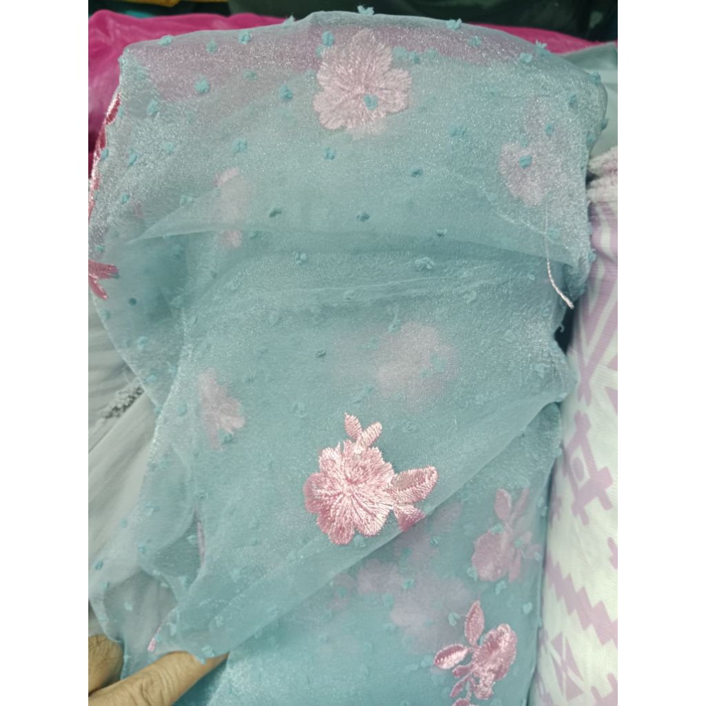 BAHAN KAIN ORGANZA MOTIF BUNGA 3D TRIDI & DOTS TERBARU
