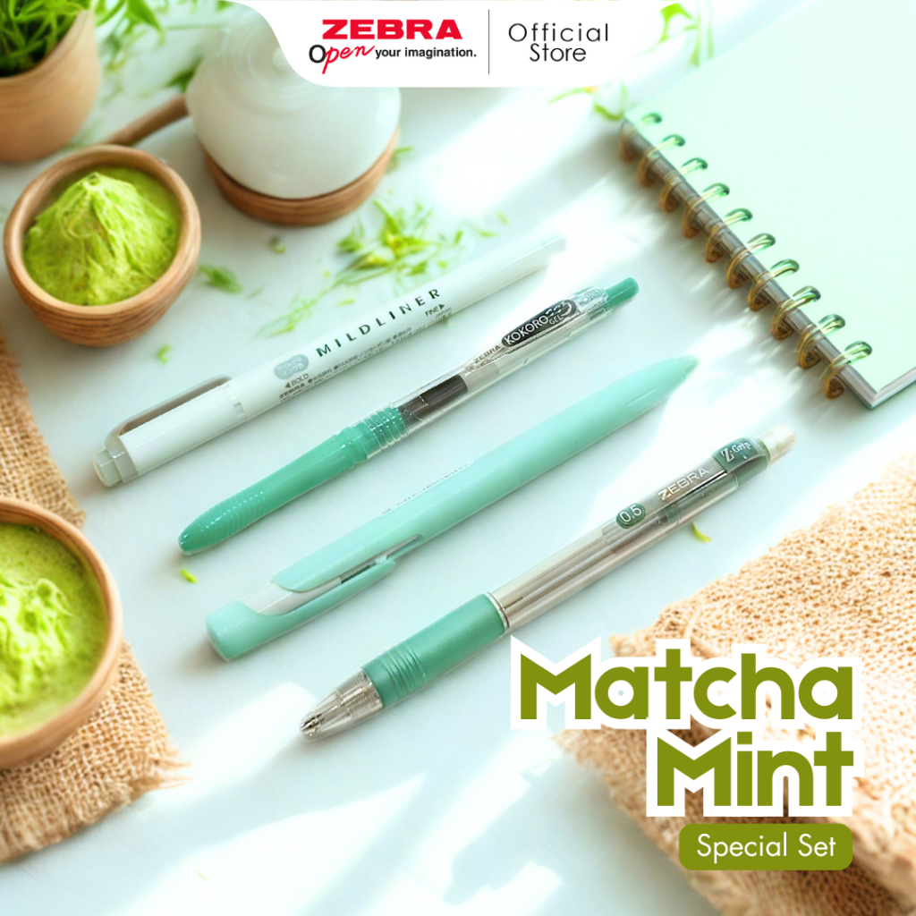 

technandaa - zebra matcha mint aesthetic stationery set - pulpen gel kokoro, highlighter, pensil