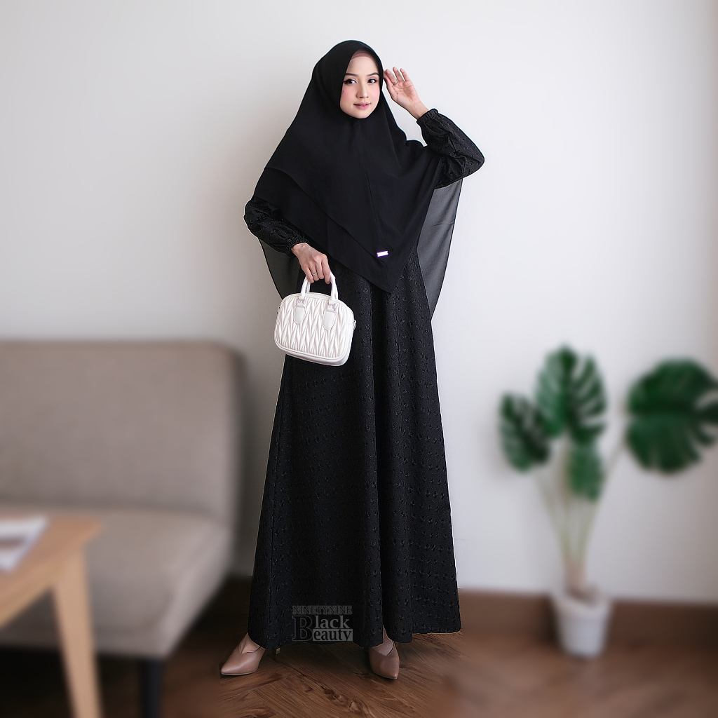 Gamis Set Jilbab Ceruti 2layer Hitam Putih 99BlackBeauty Bahan Katun Jepang Motif Bordir