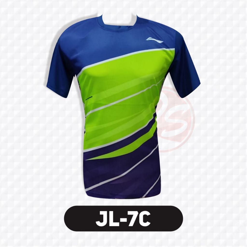 Baju badminton JL-7C kaos badminton biru corak hijau stabilo
