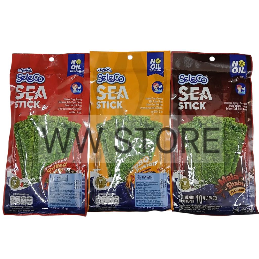 

Cemilan snek makanan ringan rumput laut panggang garing rasa barbekiu barbekue cumi bakar pedas halal MUI Seleco SEA STICK NO OIL Seasoned Grilled Squid / Mala Shabu / BBQ Barbecue Barbeque Fusion Flavour Flavor Roasted Crispy Seaweed 10g
