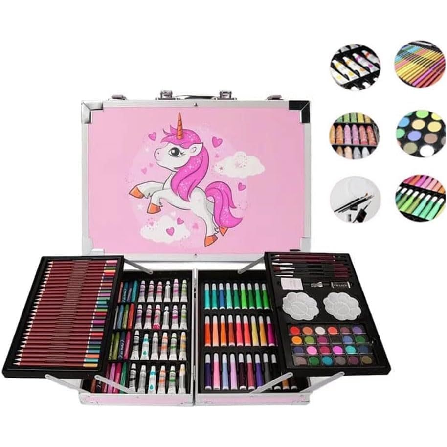 

Unicorn Crayon Set 145pcs Koper Aluminium Besi Krayon Pensil Warna Box Alat Lukis Anak Koper Set