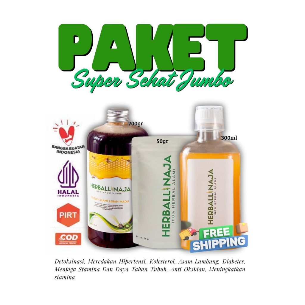 

paket super sehat jumbo herballinaja – madu murni 700g + herbal 300ml + herbal 50g | halal, pirt