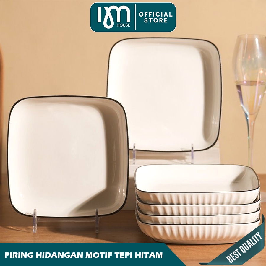 INMINDHOUSE - Piring Makan Persegi Keramik Putih Yamada Seri / Piring Kotak List Hitam Elegant Mewah