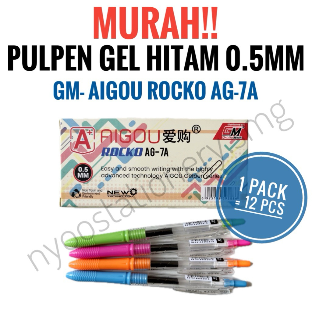 

(1 PACK=12 PCS) PULPEN GEL CETIT 0.5MM HITAM WARNA WARNI AIGOU ROCKO AG7A