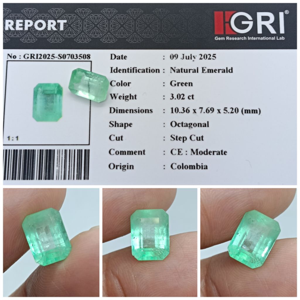 Natural Emerald beryl Columbia 3 ct certified/memo GRI zamrud Colombia