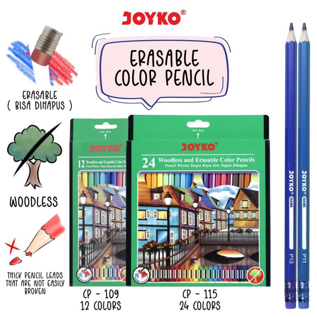 

JOYKO CP109 CP115 WOODLESS ERASABLE COLOR PENCIL SET 12 24 PENSIL WARNA BISA HAPUS TANPA KAYU