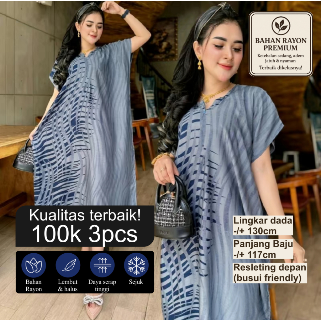 Daster Wanita Jumbo Lengan Panjang Motif Lowo Akar Busui Bumil Resleting Depan