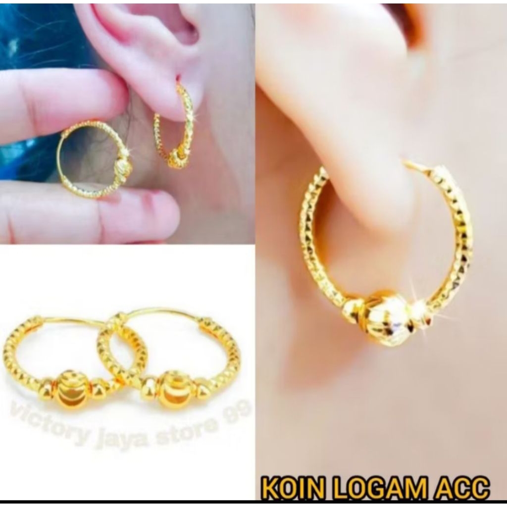 Anting koin logam perhiasan wanita elegan motif bola ulir anti karat tidak mudah luntur tahan lama