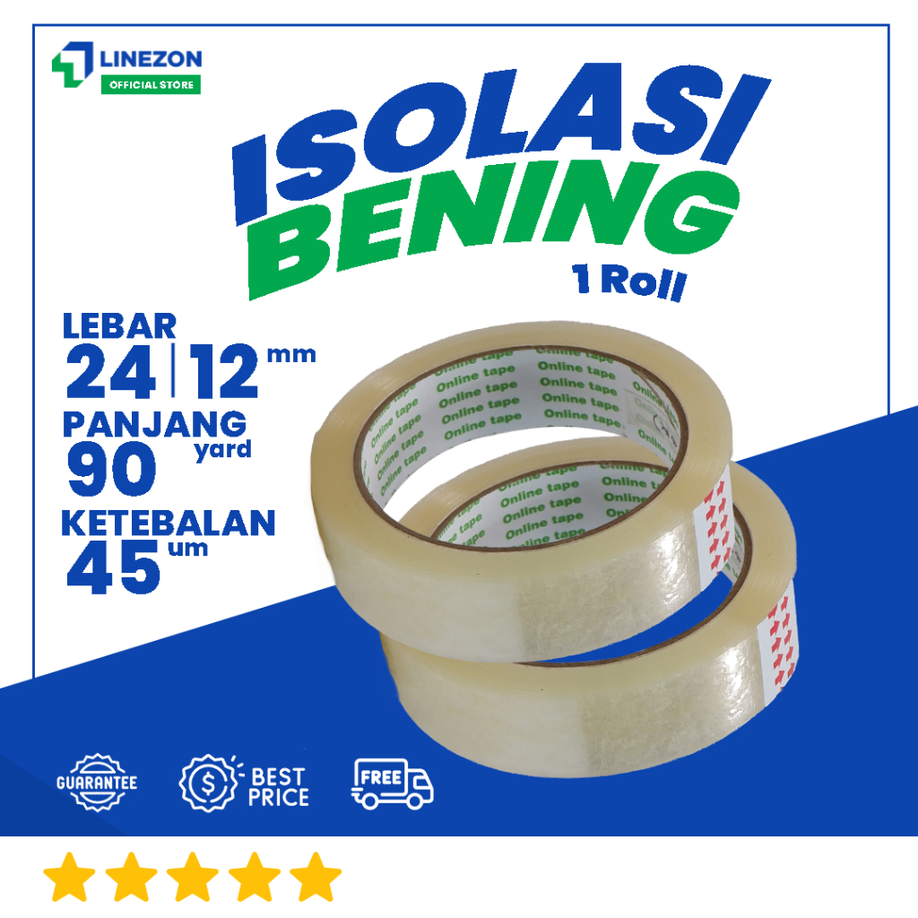 

Isolasi Bening 90 Yard 24 - 12 mm FULL / Lakban / Solatip Online Tape / Isolasi Bening Termurah