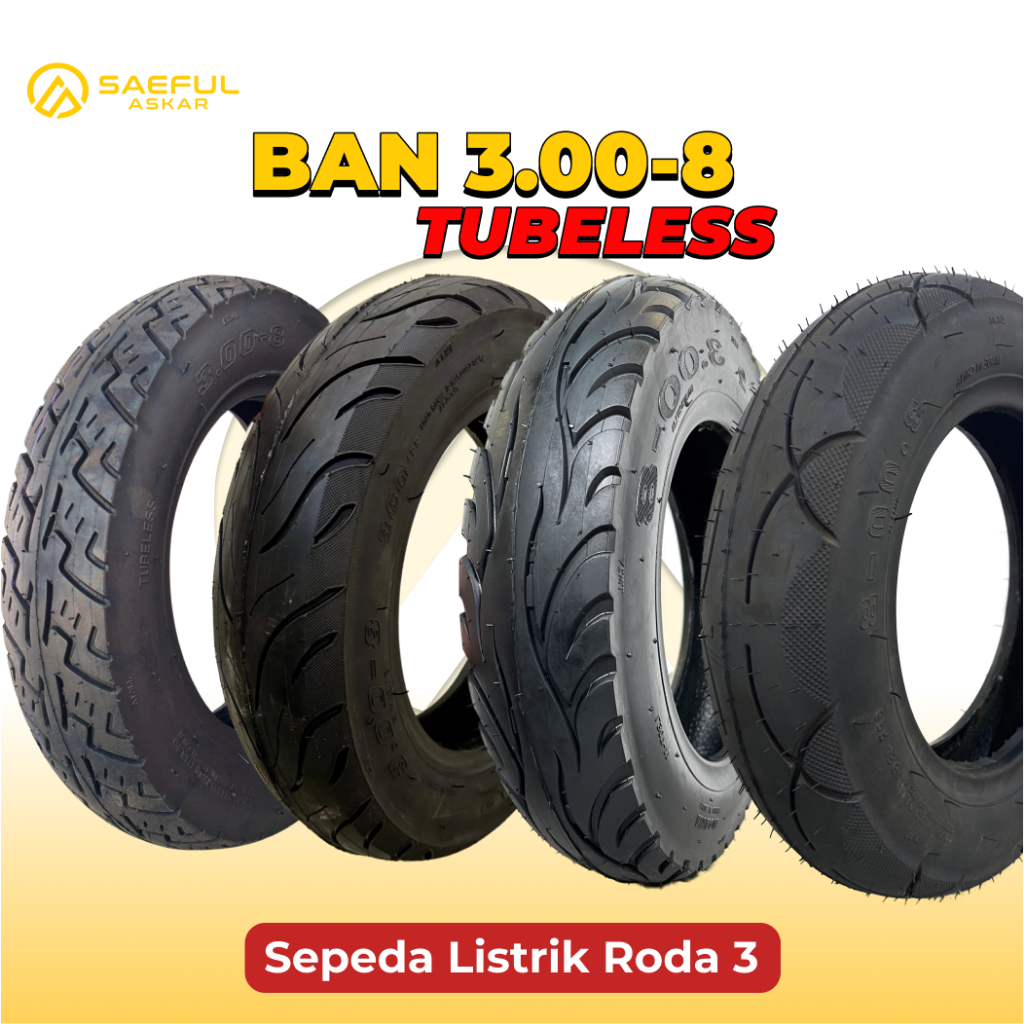 Ban Luar Tubeless 3.00 - 8 Roda Tiga Listrik Sepeda Roda 3 Listrik