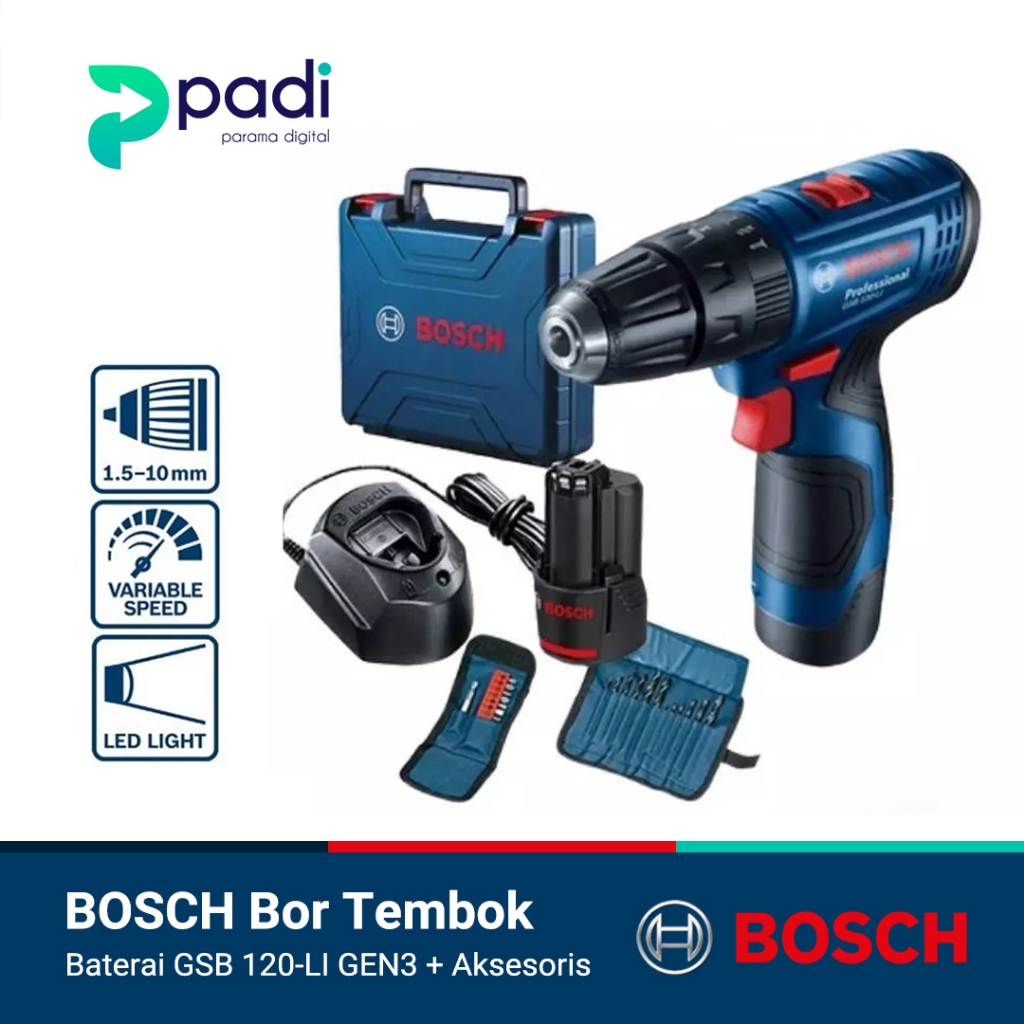 Mesin Bor Cordless Bosch Impact Drill GSB 120 Bor Tembok Baterai 12 Volt + Aksesoris