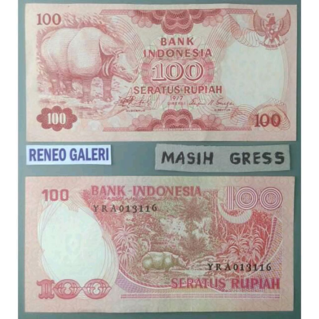 Mulus asli Rp 100 Rupiah Badak Tahun 1977 Uang kertas Kuno duit lama original