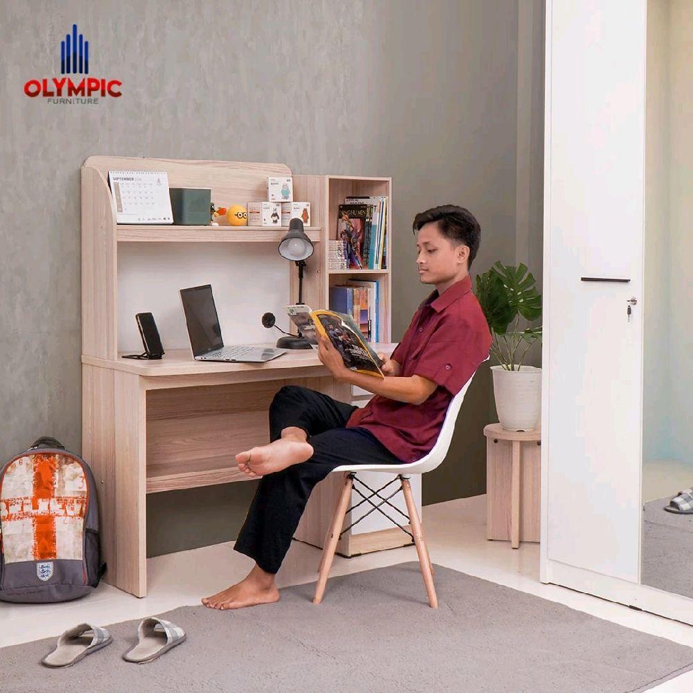 MEJA BELAJAR / MEJA TULIS KERJA KANTOR + RAK + LEMARI ALORA OLYMPIC FURNITURE MOTIF KAYU UTK DEWASA 