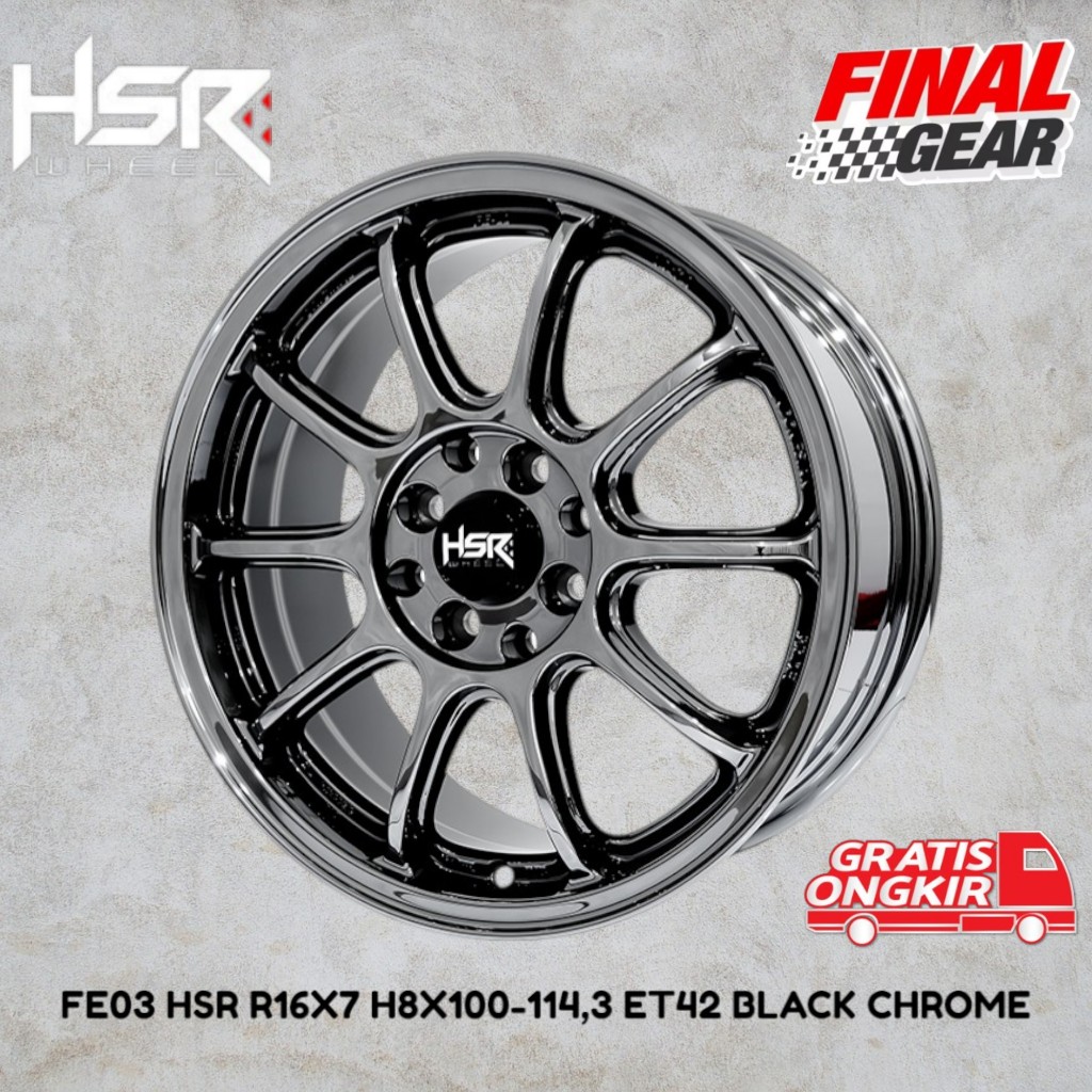 hsr fe03 r16 black chrome/velg hsr terbaru/velg racing r16/velg mobil r16/hsr r16 black chrome